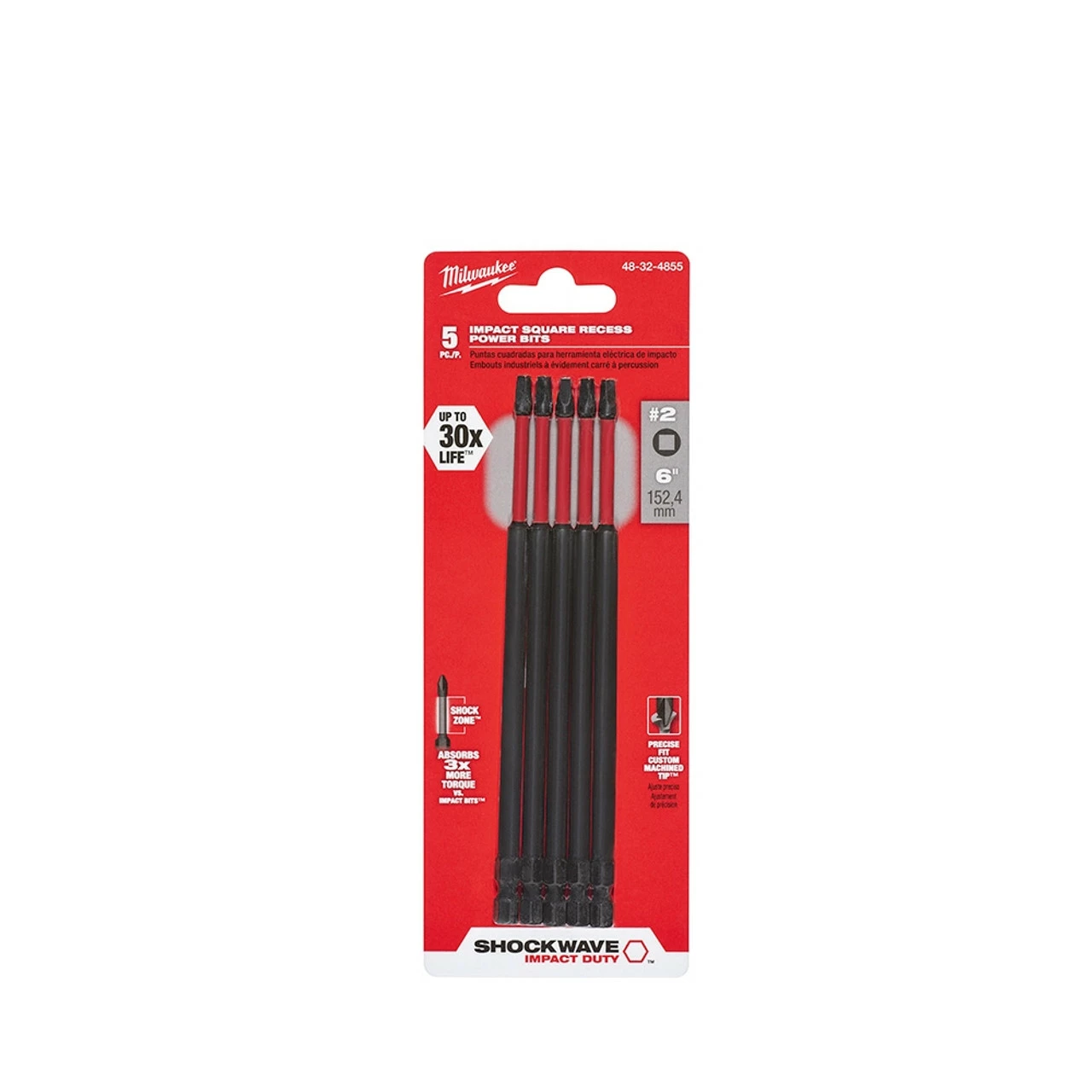 Milwaukee 48-32-4855 #2 Square Recess Shockwave 6 In. Power Bit 5 Pack 3 Milwaukee 48-32-4855 #2 Square Recess Shockwave 6 In. Power Bit 5 Pack